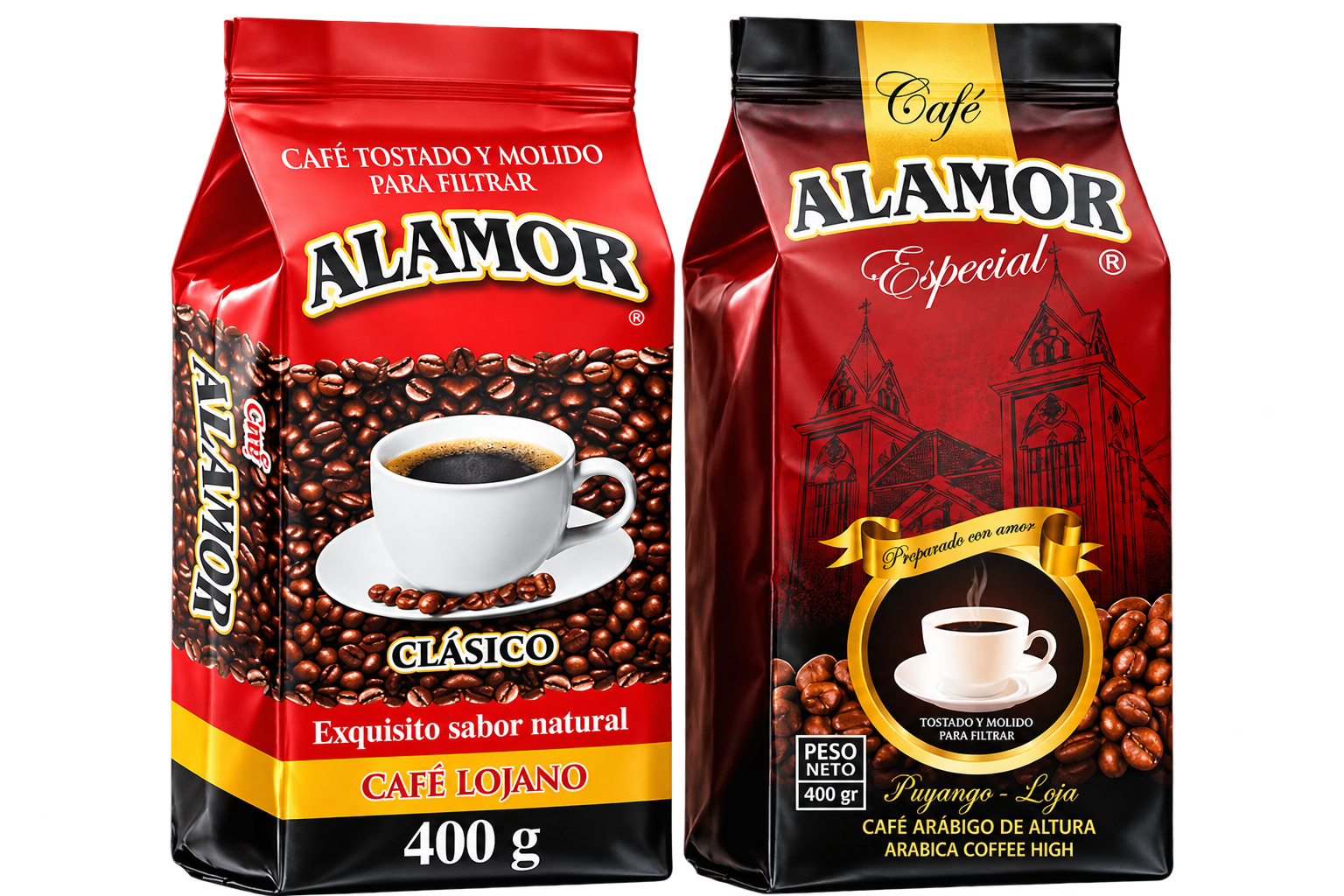 Empaques de Café Alamor Clásico y Especial de 400 gramos, en sus presentaciones roja y negra